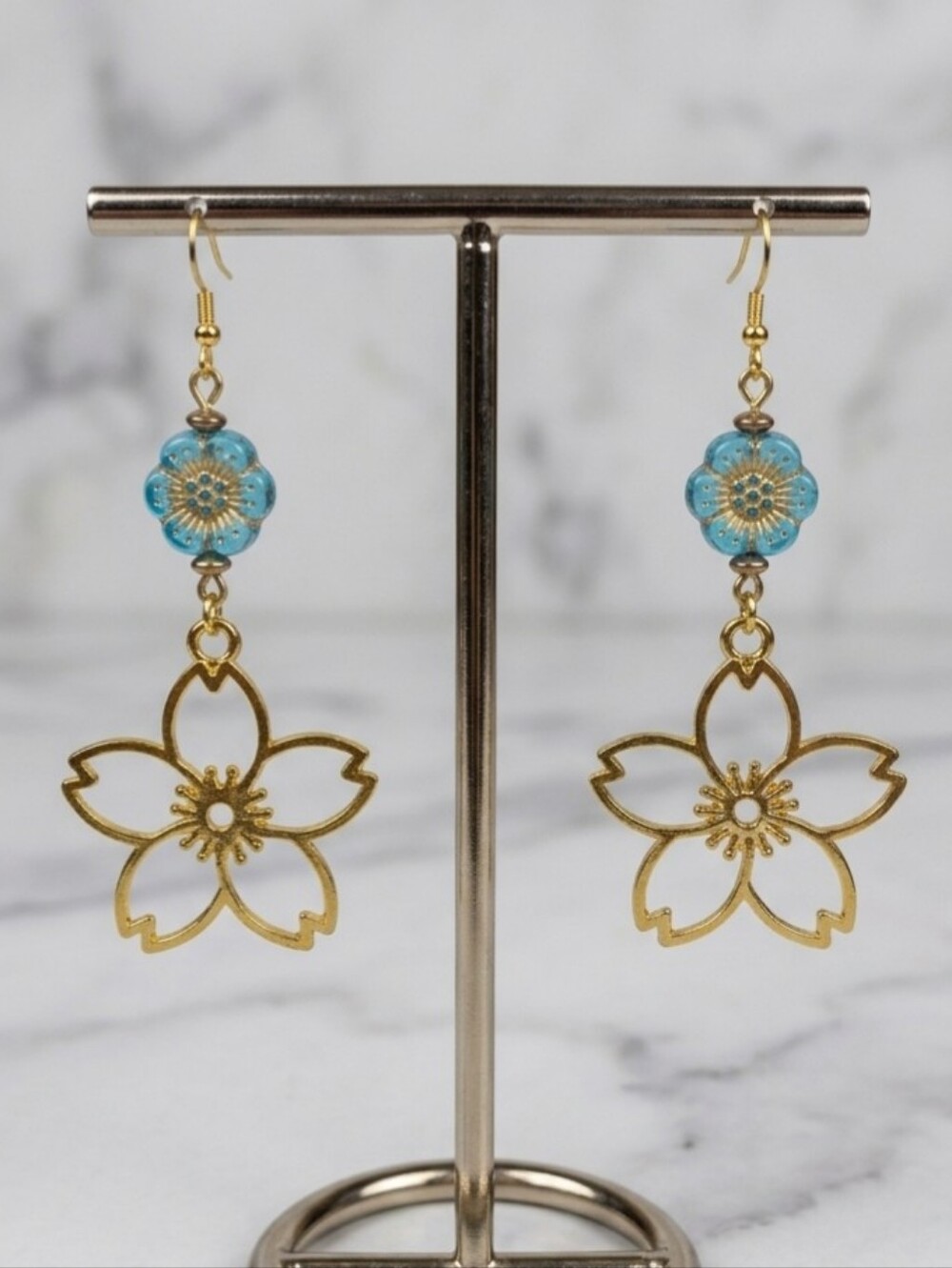 Gold Cherry Blossom Earrings • Blue Glass Flower Bead Japanese Style Dangles